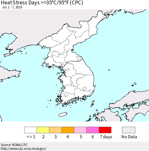 Korea Heat Stress Days >=35°C/95°F (CPC) Thematic Map For 7/1/2019 - 7/7/2019