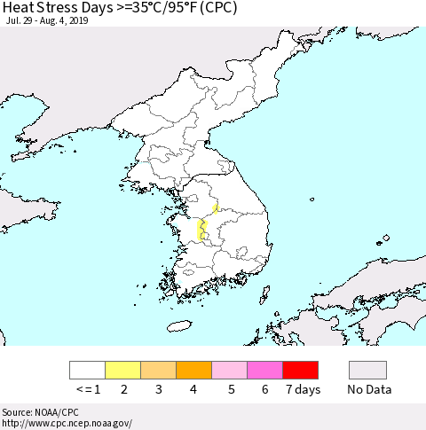 Korea Heat Stress Days >=35°C/95°F (CPC) Thematic Map For 7/29/2019 - 8/4/2019