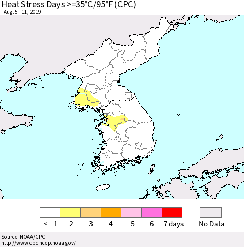 Korea Heat Stress Days >=35°C/95°F (CPC) Thematic Map For 8/5/2019 - 8/11/2019