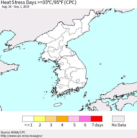 Korea Heat Stress Days >=35°C/95°F (CPC) Thematic Map For 8/26/2019 - 9/1/2019