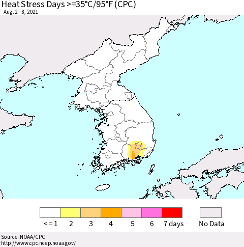 Korea Heat Stress Days >=35°C/95°F (CPC) Thematic Map For 8/2/2021 - 8/8/2021