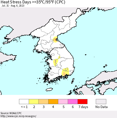 Korea Heat Stress Days >=35°C/95°F (CPC) Thematic Map For 7/31/2023 - 8/6/2023