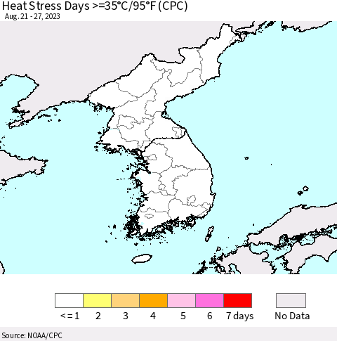Korea Heat Stress Days >=35°C/95°F (CPC) Thematic Map For 8/21/2023 - 8/27/2023