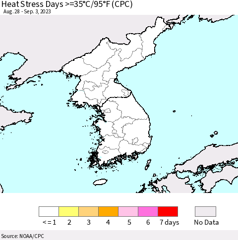 Korea Heat Stress Days >=35°C/95°F (CPC) Thematic Map For 8/28/2023 - 9/3/2023