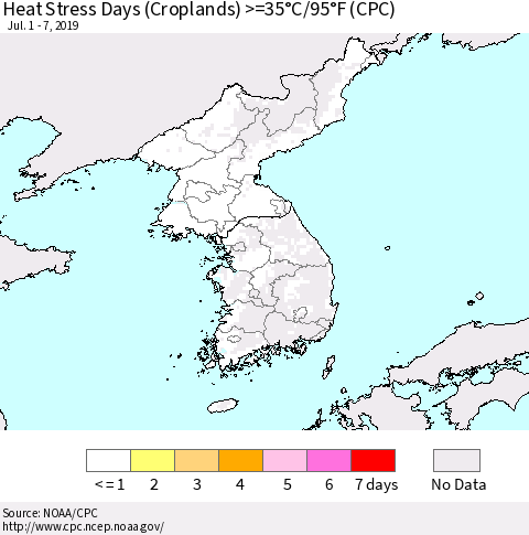 Korea Heat Stress Days (Croplands) >=35°C/95°F (CPC) Thematic Map For 7/1/2019 - 7/7/2019