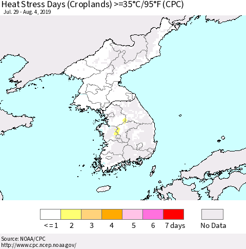 Korea Heat Stress Days (Croplands) >=35°C/95°F (CPC) Thematic Map For 7/29/2019 - 8/4/2019
