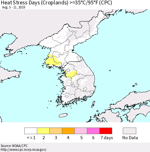 Korea Heat Stress Days (Croplands) >=35°C/95°F (CPC) Thematic Map For 8/5/2019 - 8/11/2019