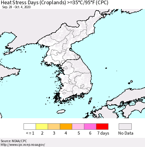 Korea Heat Stress Days (Croplands) >=35°C/95°F (CPC) Thematic Map For 9/28/2020 - 10/4/2020