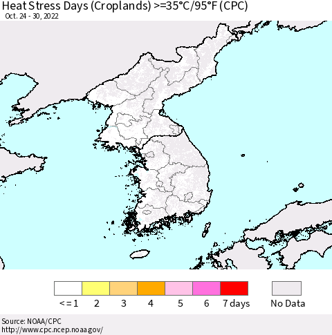 Korea Heat Stress Days (Croplands) >=35°C/95°F (CPC) Thematic Map For 10/24/2022 - 10/30/2022