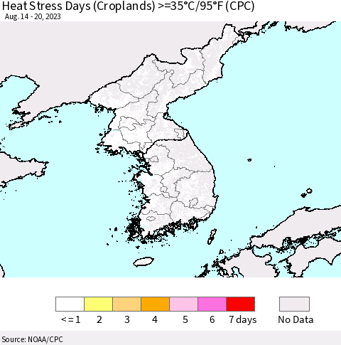 Korea Heat Stress Days (Croplands) >=35°C/95°F (CPC) Thematic Map For 8/14/2023 - 8/20/2023