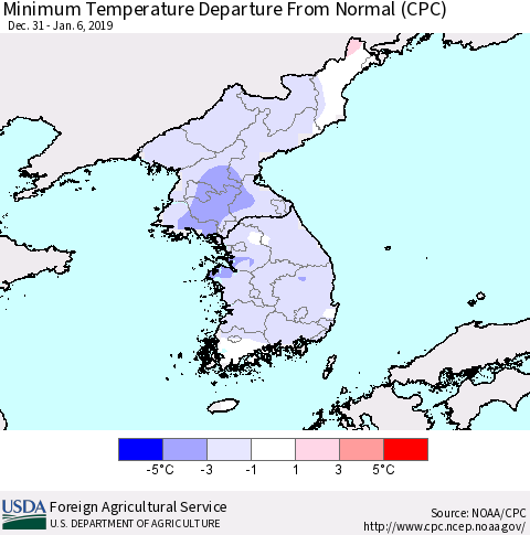 Korea Mean Minimum Temperature Departure from Normal (CPC) Thematic Map For 12/31/2018 - 1/6/2019