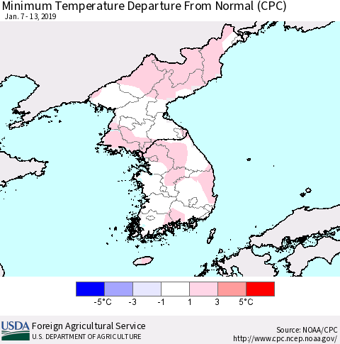 Korea Mean Minimum Temperature Departure from Normal (CPC) Thematic Map For 1/7/2019 - 1/13/2019