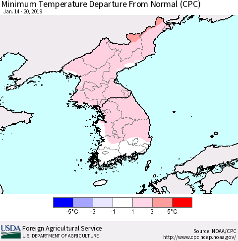 Korea Mean Minimum Temperature Departure from Normal (CPC) Thematic Map For 1/14/2019 - 1/20/2019