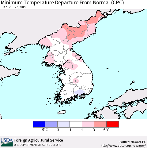 Korea Mean Minimum Temperature Departure from Normal (CPC) Thematic Map For 1/21/2019 - 1/27/2019