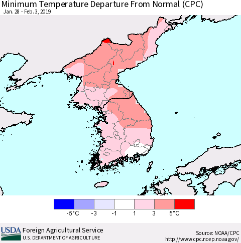 Korea Mean Minimum Temperature Departure from Normal (CPC) Thematic Map For 1/28/2019 - 2/3/2019