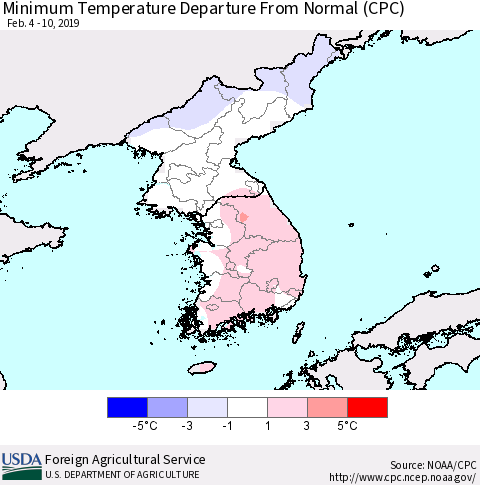 Korea Mean Minimum Temperature Departure from Normal (CPC) Thematic Map For 2/4/2019 - 2/10/2019