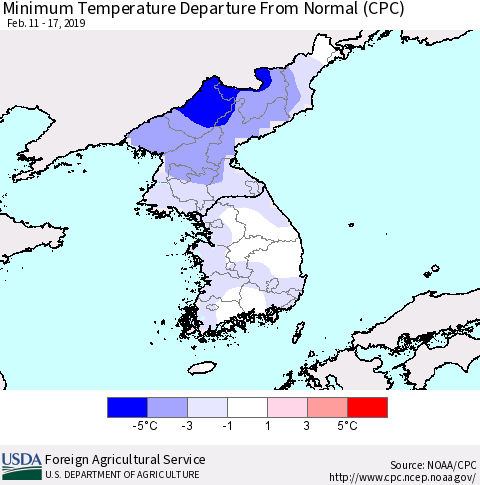 Korea Mean Minimum Temperature Departure from Normal (CPC) Thematic Map For 2/11/2019 - 2/17/2019