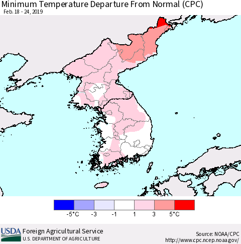 Korea Mean Minimum Temperature Departure from Normal (CPC) Thematic Map For 2/18/2019 - 2/24/2019