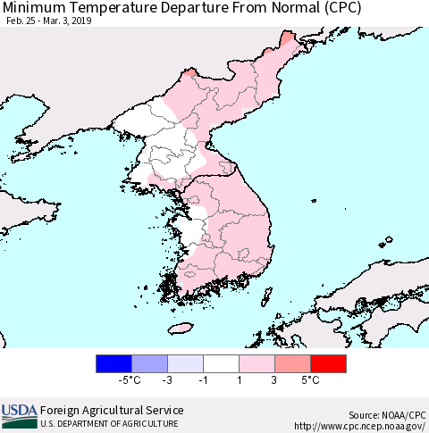 Korea Mean Minimum Temperature Departure from Normal (CPC) Thematic Map For 2/25/2019 - 3/3/2019