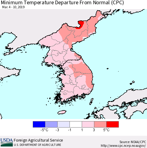 Korea Mean Minimum Temperature Departure from Normal (CPC) Thematic Map For 3/4/2019 - 3/10/2019