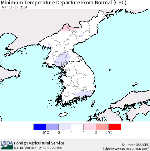 Korea Mean Minimum Temperature Departure from Normal (CPC) Thematic Map For 3/11/2019 - 3/17/2019