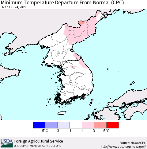 Korea Mean Minimum Temperature Departure from Normal (CPC) Thematic Map For 3/18/2019 - 3/24/2019