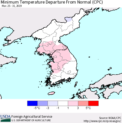Korea Mean Minimum Temperature Departure from Normal (CPC) Thematic Map For 3/25/2019 - 3/31/2019