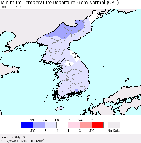 Korea Mean Minimum Temperature Departure from Normal (CPC) Thematic Map For 4/1/2019 - 4/7/2019