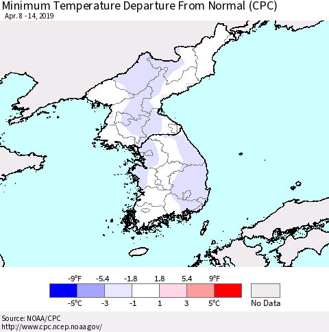 Korea Mean Minimum Temperature Departure from Normal (CPC) Thematic Map For 4/8/2019 - 4/14/2019