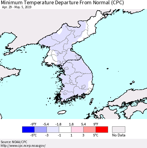 Korea Mean Minimum Temperature Departure from Normal (CPC) Thematic Map For 4/29/2019 - 5/5/2019