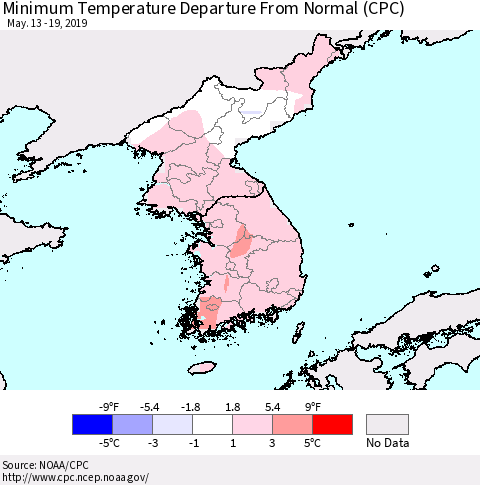 Korea Mean Minimum Temperature Departure from Normal (CPC) Thematic Map For 5/13/2019 - 5/19/2019