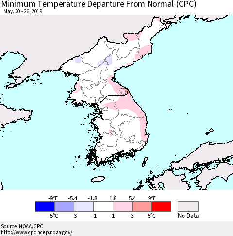 Korea Mean Minimum Temperature Departure from Normal (CPC) Thematic Map For 5/20/2019 - 5/26/2019