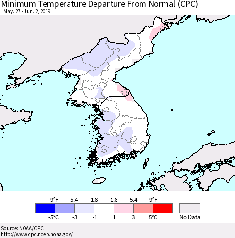 Korea Mean Minimum Temperature Departure from Normal (CPC) Thematic Map For 5/27/2019 - 6/2/2019