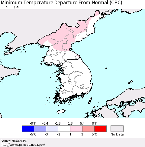 Korea Mean Minimum Temperature Departure from Normal (CPC) Thematic Map For 6/3/2019 - 6/9/2019