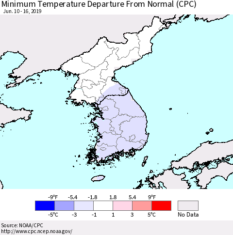 Korea Mean Minimum Temperature Departure from Normal (CPC) Thematic Map For 6/10/2019 - 6/16/2019