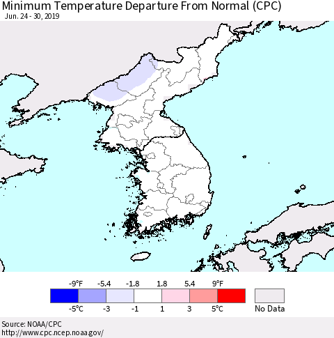 Korea Mean Minimum Temperature Departure from Normal (CPC) Thematic Map For 6/24/2019 - 6/30/2019