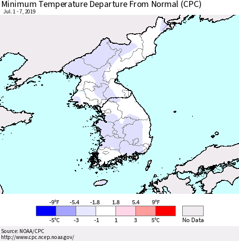 Korea Mean Minimum Temperature Departure from Normal (CPC) Thematic Map For 7/1/2019 - 7/7/2019