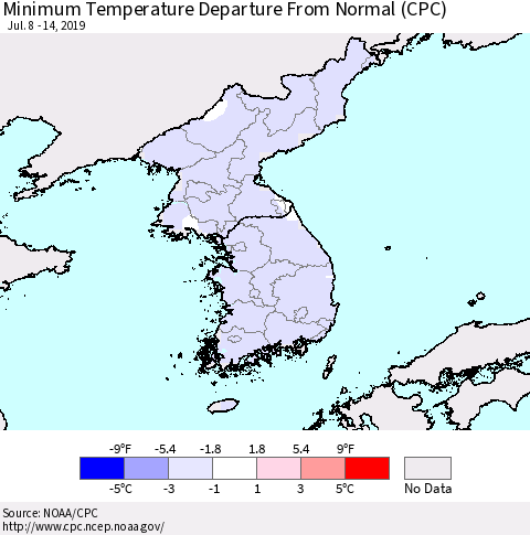 Korea Mean Minimum Temperature Departure from Normal (CPC) Thematic Map For 7/8/2019 - 7/14/2019