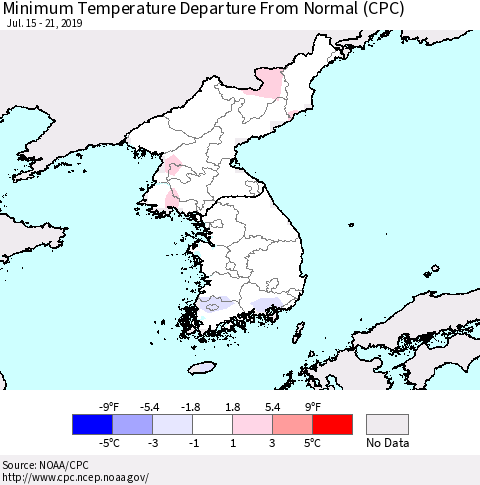 Korea Mean Minimum Temperature Departure from Normal (CPC) Thematic Map For 7/15/2019 - 7/21/2019
