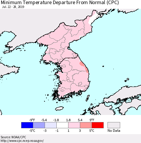 Korea Mean Minimum Temperature Departure from Normal (CPC) Thematic Map For 7/22/2019 - 7/28/2019