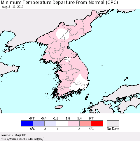 Korea Mean Minimum Temperature Departure from Normal (CPC) Thematic Map For 8/5/2019 - 8/11/2019