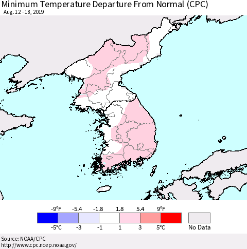 Korea Mean Minimum Temperature Departure from Normal (CPC) Thematic Map For 8/12/2019 - 8/18/2019