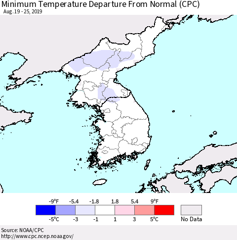 Korea Mean Minimum Temperature Departure from Normal (CPC) Thematic Map For 8/19/2019 - 8/25/2019