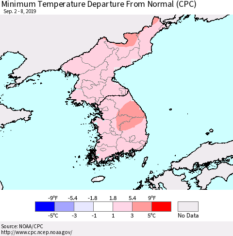 Korea Mean Minimum Temperature Departure from Normal (CPC) Thematic Map For 9/2/2019 - 9/8/2019