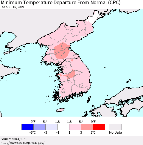 Korea Mean Minimum Temperature Departure from Normal (CPC) Thematic Map For 9/9/2019 - 9/15/2019