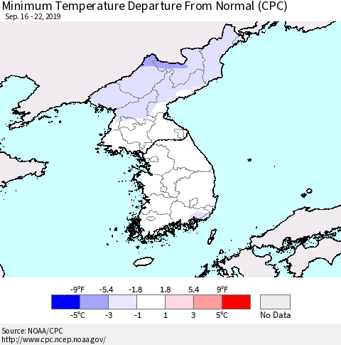 Korea Mean Minimum Temperature Departure from Normal (CPC) Thematic Map For 9/16/2019 - 9/22/2019