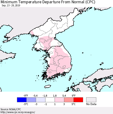 Korea Mean Minimum Temperature Departure from Normal (CPC) Thematic Map For 9/23/2019 - 9/29/2019
