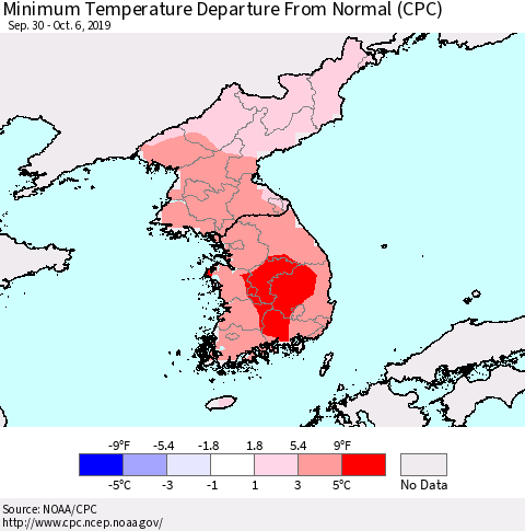 Korea Mean Minimum Temperature Departure from Normal (CPC) Thematic Map For 9/30/2019 - 10/6/2019