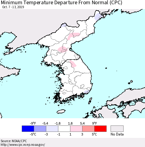 Korea Mean Minimum Temperature Departure from Normal (CPC) Thematic Map For 10/7/2019 - 10/13/2019