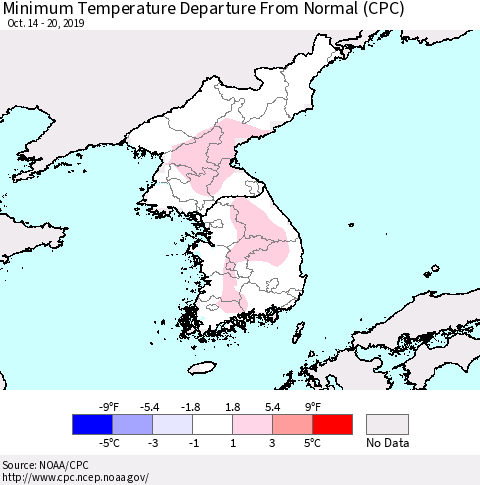 Korea Mean Minimum Temperature Departure from Normal (CPC) Thematic Map For 10/14/2019 - 10/20/2019